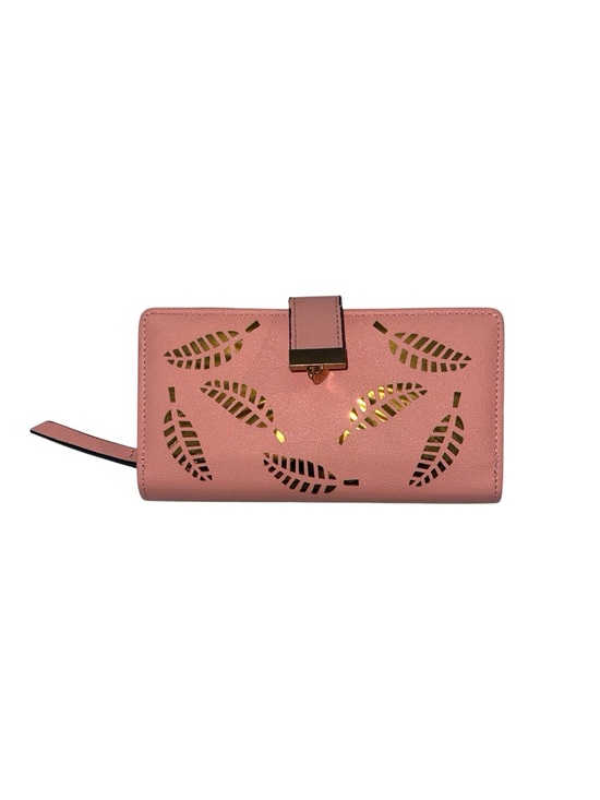 Handbags - Women's Pink Faux Leather Wallet Gold Leaf Cutout Clutch Long Purse Card Holder